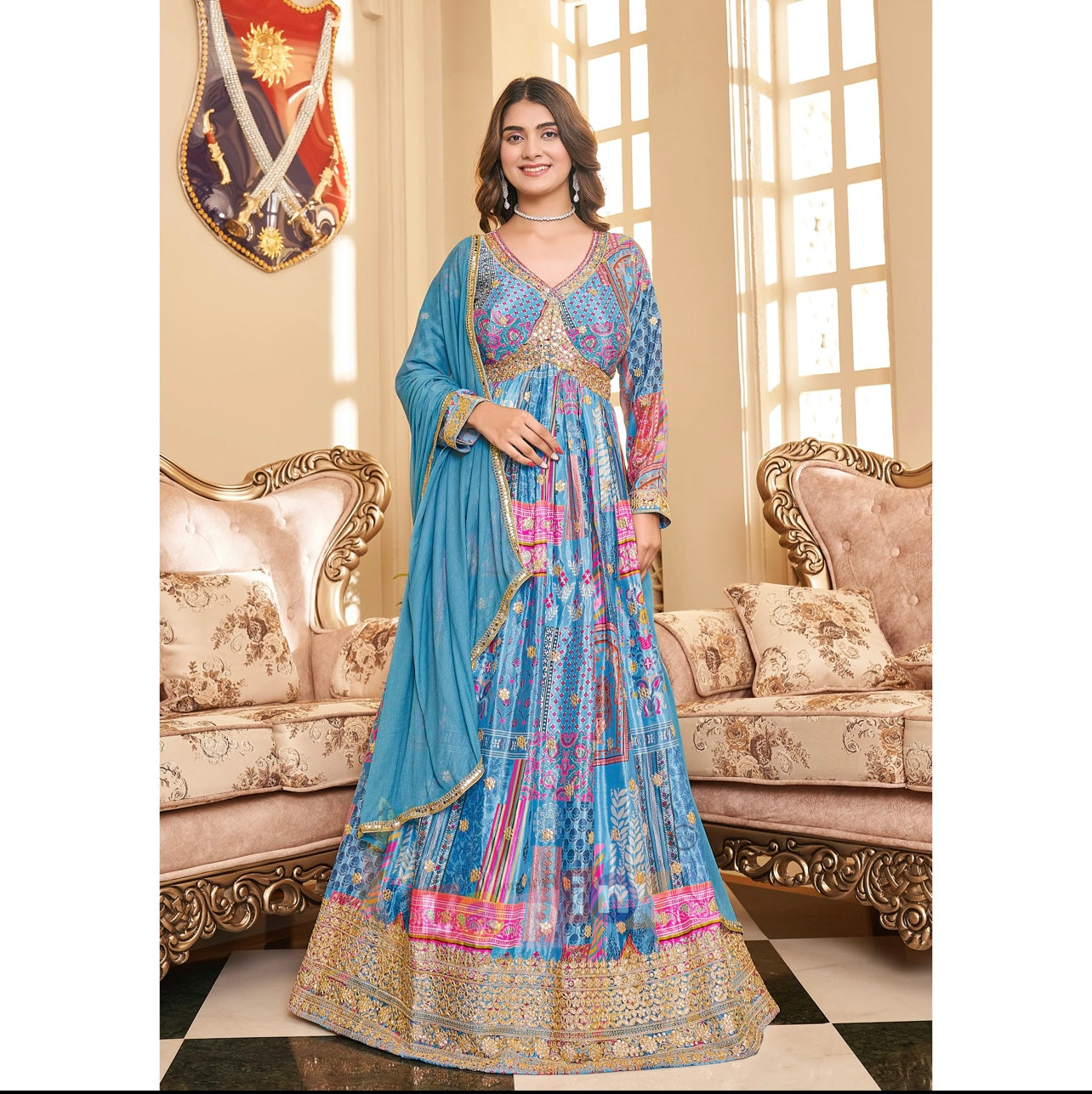Full Sleeve Designer Gown In Skyblue – Boutique Nepal